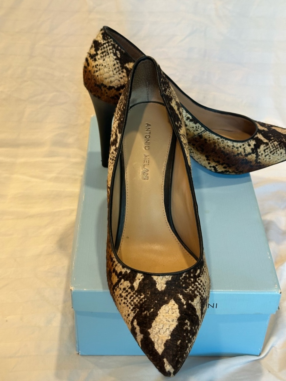 ANTONIO MELANI Brown and Cream Snake-Print Pointed Toe Pumps